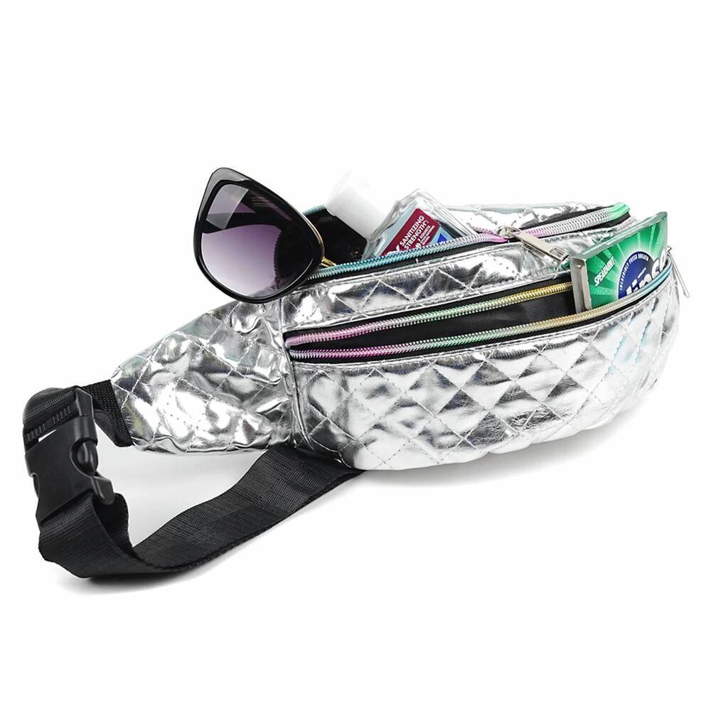 NEW SELINI NEW YORK women's quilted belt bag in metallic silver